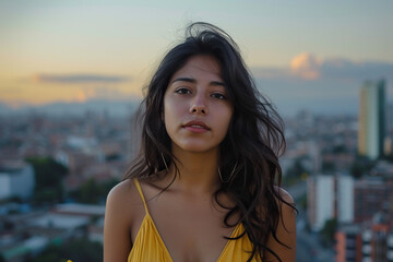 Wall Mural - Beautiful Latin American woman on the city background