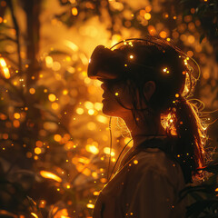 Virtual Reality Simulation, digital avatars, virtual landscapes, endless possibilities, surreal environment, realistic, golden hour, Depth of Field Bokeh Effect