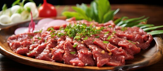 Wall Mural - A wooden plate showcasing a dish made of red meat topped with green onions, a delicious cuisine highlighting the use of beef as the main ingredient