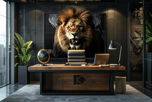 Interior Of An Office With Roaring Lion Painting On Back Of The Wall, Table With World Globe, New Concepts Of Modern Day Office