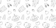 Horizontal seamless pattern with doodle outline of baby clothes and newborn accessories. Minimalistic vector illustration of the background for the website