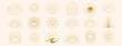 © redgreystock - Vector set of linear boho moon, sunset and light rays. Hand drawn sunburst, golden outline sun line art icons in minimal bohemian style. Mystic magic esoteric symbols, celestial logo design elements.
