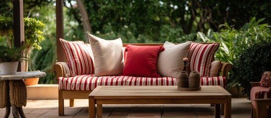 Wall Mural - An outdoor sofa with red and white striped pillows is placed on a patio next to a wooden coffee table. A tree and a plant add to the outdoor furniture arrangement, with grass surrounding the area