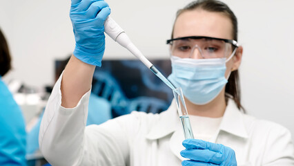 Medical research laboratory. A scientist works with a pipette and a test tube. Scientific laboratory of biotechnology, development of medicine and research in chemistry, biochemistry and experiments.