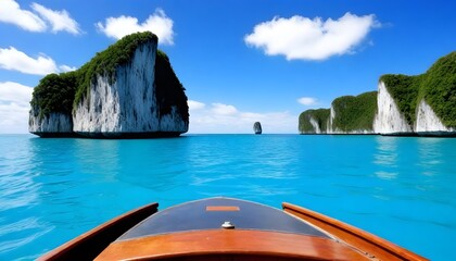 Wall Mural - Front view from a wooden boat on turquoise water with two large limestone karsts in the background under a blue sky with clouds