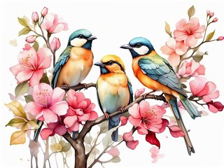 Wall Mural - Colorful birds on stick blooming tree with flower in watercolor design artistic. 