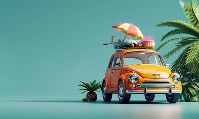 Funny orange retro car with summer vacation accessory on green background 3D Rendering, 3D Illustration, Generative AI