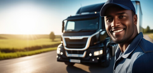 Banner with smiling dark-skinned driver on truck background with space for text. Transportation of goods, delivery, industrial cargo, freight. Logistics, supply chain of goods to the warehouse