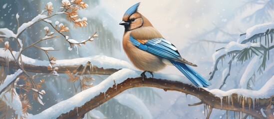 Wall Mural - A vibrant electric blue jay with sleek feathers perched on a snowy twig in a painting, showcasing the beauty of this songbird in its natural wildlife habitat