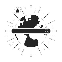 Poster - global web search 2d linear illustration concept. earth globe with text bar and notification sign ca
