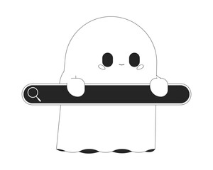 Poster - anonymous browsing web 2d linear illustration concept. little ghost holding browser text bar cartoon