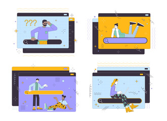Aufkleber - Searching information online 2D linear illustration concept set. Internet users cartoon characters isolated on white collection. Information browsing metaphor abstract flat vector outline graphic