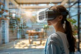 Fototapeta  - Engineer wearing VR headset for interior inspiration, immersive decor simulations.