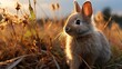 A rabbit is sitting in tall grass at sunset