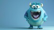 A cute blue furry monster with big eyes and sharp teeth is standing on a blue background.
