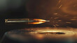 Close-up of a bullet in motion flying in the air with sparks on a blurred background. Copy space. Victory Day. Revolver Day