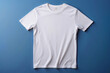 A simple white t-shirt without any prints displayed on a blue background, providing a contrast that highlights the apparel