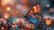 A close-up shot of a delicate blue morpho butterfly perched delicately upon a blooming flower, its iridescent wings shimmering in the sunlight like fine silk, showcasing the intric