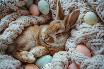 Poster - Overhead view of a cute easter bunny asleep with easter eggs