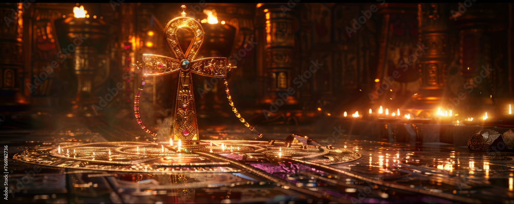 A ceremonial ankh symbol embellished with valuable gemstones, placed ...