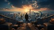 Businessman standing on the stairs and looking at the city at sunset