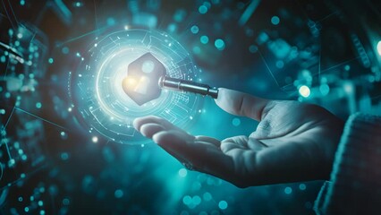 Poster - an ethereal hand presents a glowing digital key in a surreal 3d environment, symbolizing cyber-secur
