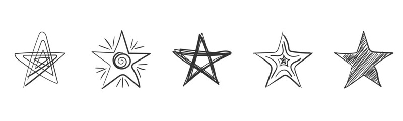 Poster - Set of black hand drawn doodle stars on a white background.