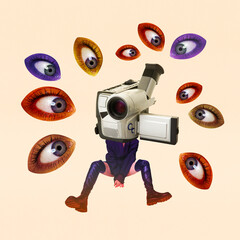 Stylish young girl with retro video camera around many eyes looking. Contemporary art collage. Social media. Concept of retro and vintage, creativity, surrealism, cinematography. Poster, ad