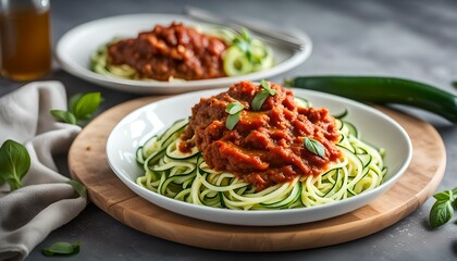 Wall Mural - fresh meat sauce served with zucchini noodles for an alternative to pasta
