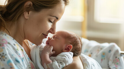 A woman is holding a baby in her arms. Concept of warmth and love between the mother and her child