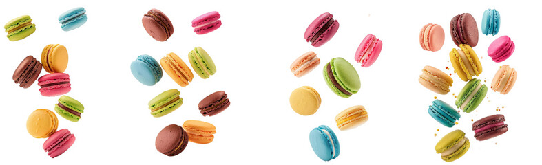 Set of Falling macaroons isolated on white background, clipping path, full depth of field 