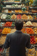 A man is choosing fruit and vegetables from the counter, seen from behind