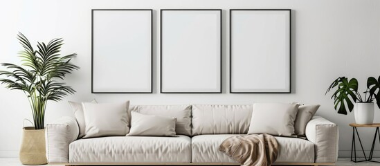 Sticker - Blank frames on a white wall in a modern Scandinavian living room with a sofa, cushions, and a potted palm plant, featuring mockups of poster prints to showcase a home staging concept.