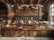 Inside a cozy artisan bakery, a delightful array of freshly baked bread, pastries, and desserts beckons from rustic wooden shelves.