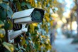 An outdoor security camera nestled in green leaves, monitoring a peaceful residential street in daylight.