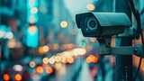Fototapeta Do akwarium - Close-up of a security camera against a blurred background of a busy street at twilight, with glowing city lights.