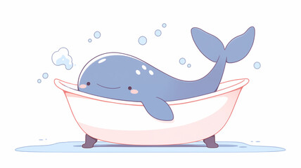 Wall Mural - Hand drawn cartoon illustration of cute whale in bathtub
