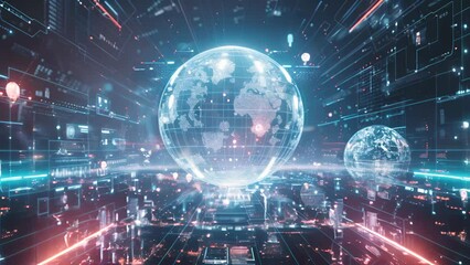 Poster - an immersive 3d animation displaying a holographic representation of planet earth within a futuristi