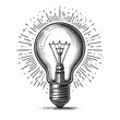 light bulb lamp universal symbol for ideas, creativity, and innovation in a detailed vintage style. Sketch engraving generative ai raster illustration. Scratch board imitation. Black and white image.
