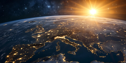 Wall Mural - satellite view of planet earth, focused on western europe at night, sunrise on the horizon. deep spa
