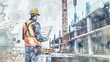 watercolor painting of a construction engineer Monitoring progress and supervising work in the field.