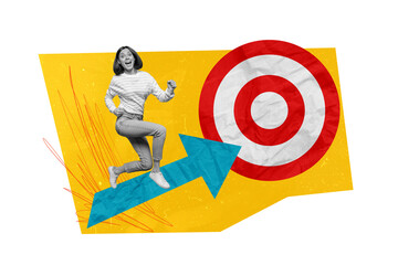 Aufkleber - Magazine banner collage of excited young business lady research successful strategy for career start up direct for aim achievements