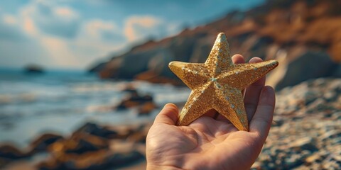 Wall Mural - A man holds a starfish on a sandy beach while enjoying a sunny summer day.