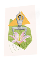 Poster - Creative retro 3d magazine collage image of dreamy lady enjoying yoga standing lily flower isolated painting background