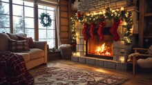 A Cozy Living Room With A Fireplace, Decorated For Christmas. There Is A Sofa, A Rug, And A Basket Full Of Blankets.