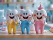 Create a vibrant dental clinic counter scene with three tooth characters dressed as dentists and dental hygienists, holding tiny tools, to demystify dental procedures for young patients, vibrant color