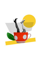 Sticker - Vertical collage creative poster black white filter two human legs stick out big cup beverage retro shoes yellow white background