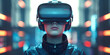 © mozZz - A teenager wearing VR headset, playing with his goggles, ready for a game in a futuristic cyber world - Virtual reality, innovation and new technology abstract concept