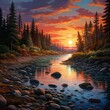 forest river with stones on shores at sunset. Natural Landscape

