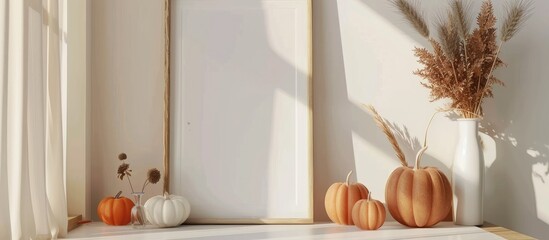 Sticker - Mockup of a picture frame alongside a wooden crate filled with ornamental pumpkins, a vase containing dried wheat, all placed on a white table within a Nordic-style room.